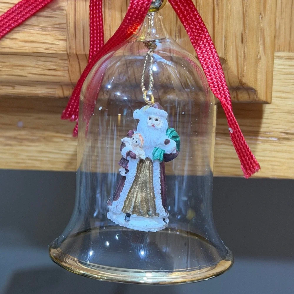 MCM Vintage Bell Santa Christmas Ornament Gold Trim Red Bow 90s Retro Holiday